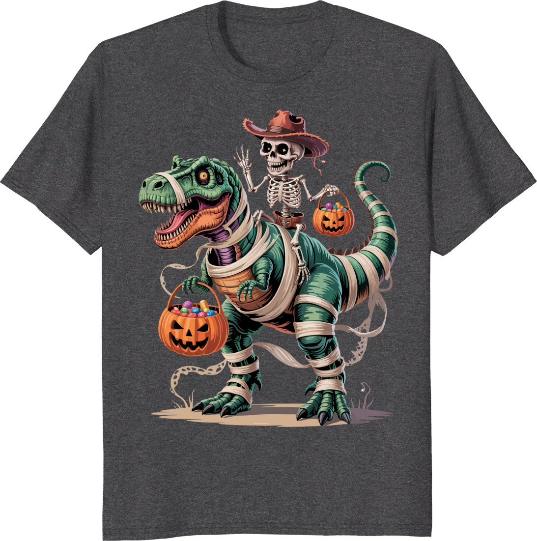 Cowboy skeleton riding a T‑Rex mummy dinosaur on a t‑shirt - dark heather