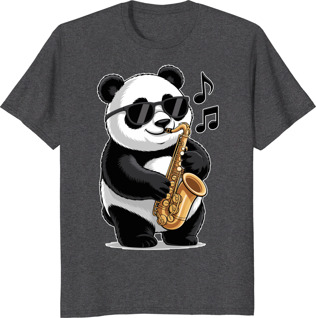Funny panda playing saxophone on a t-shirt. - dark heather