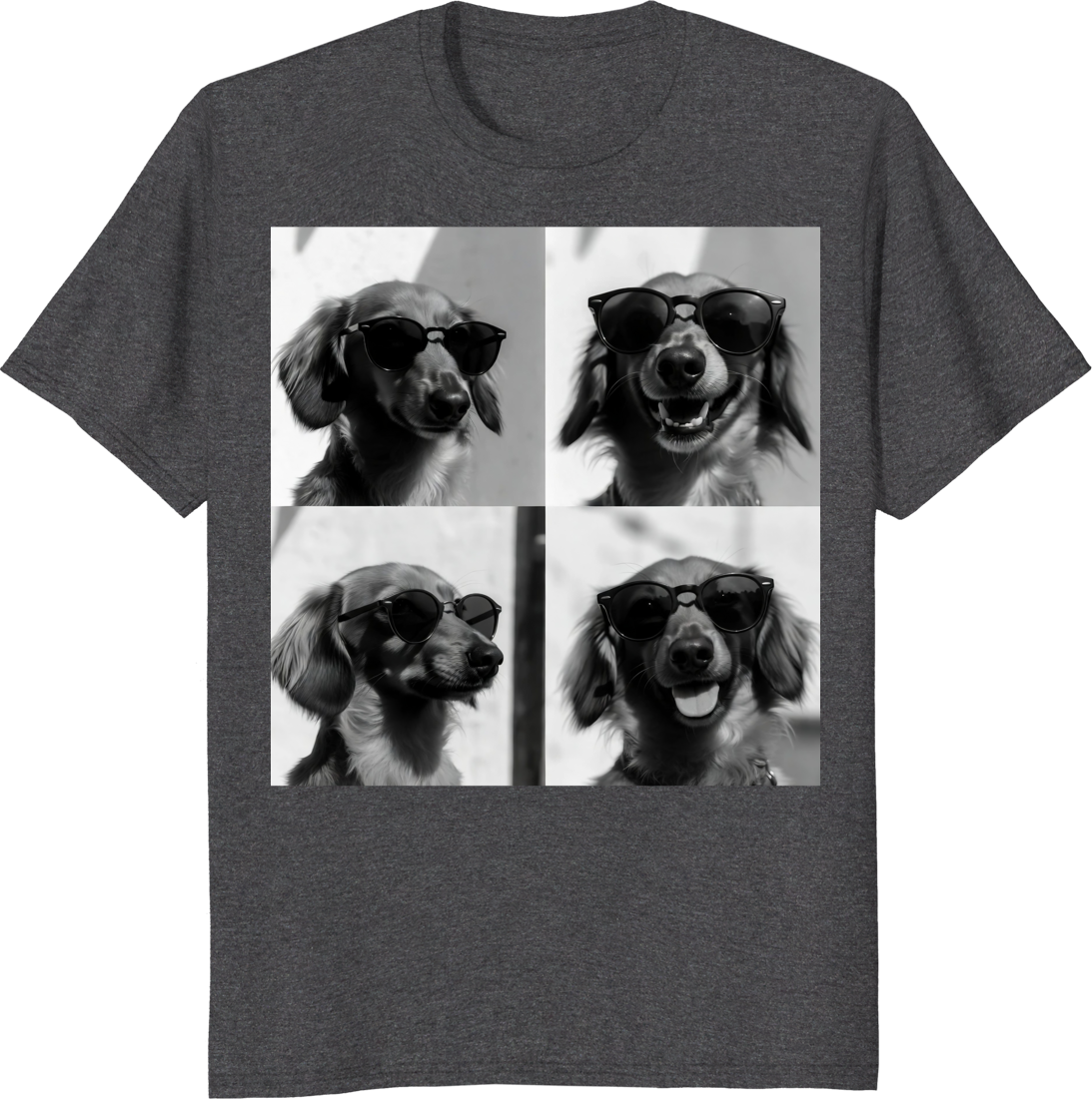 Unisex t-shirt featuring a Dachshund wearing sunglasses taking a selfie in a photobooth. - dark heather