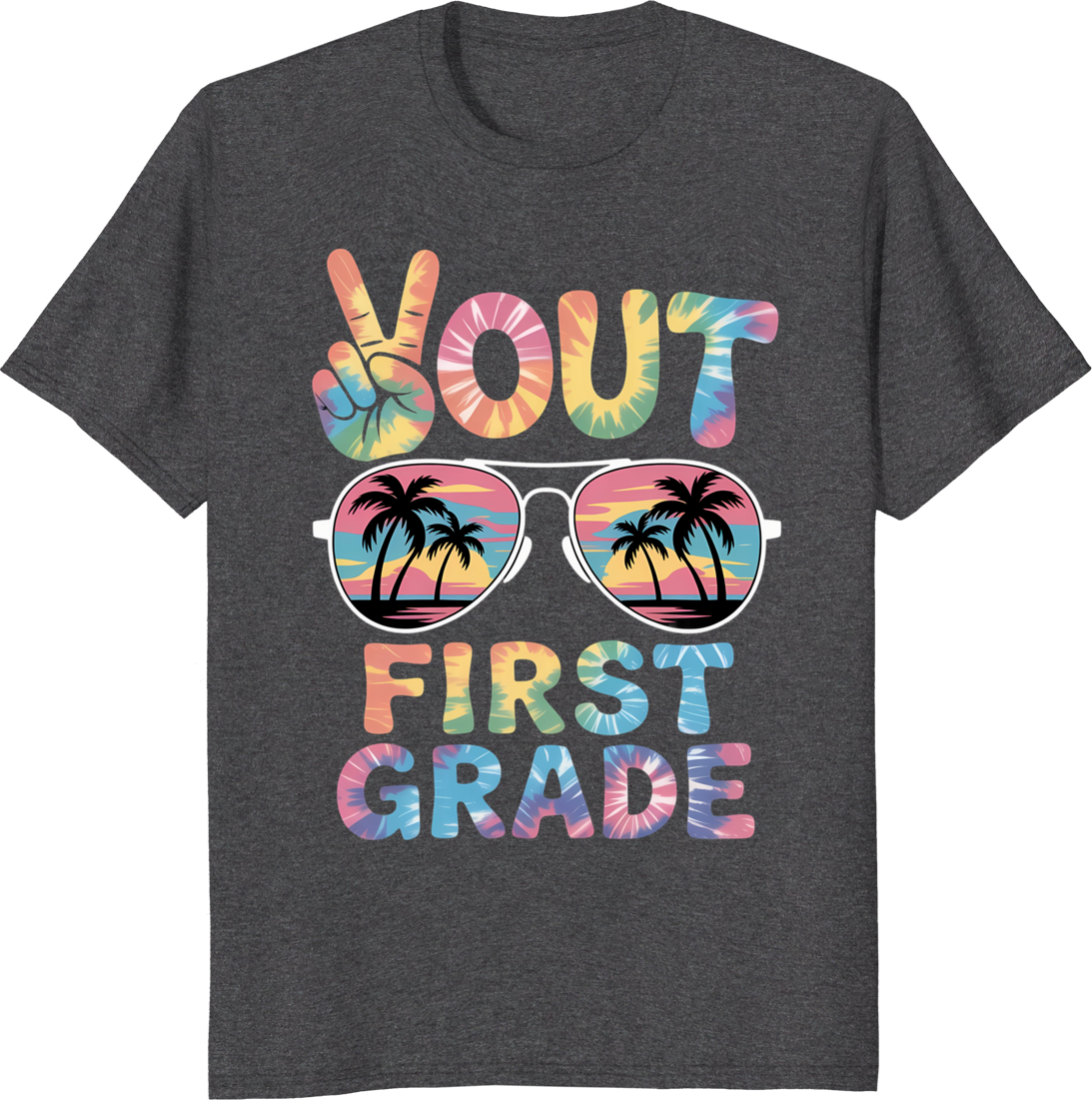 Retro tie‑dy t‑shirt design celebrating last day of first grade school - dark heather