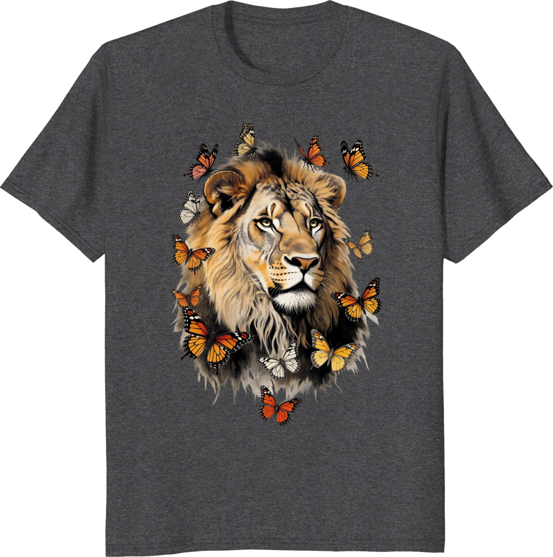 Unisex t-shirt featuring a retro graphic of a lion surrounded by butterflies - dark heather