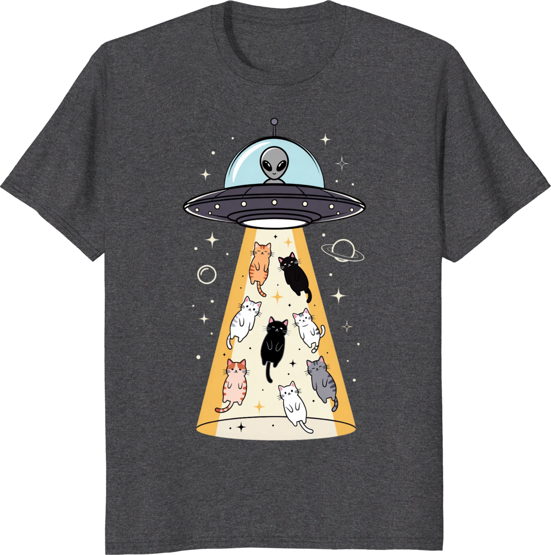 Funny UFO and cats t-shirt with whimsical flying saucer and playful feline illustration. - dark heather