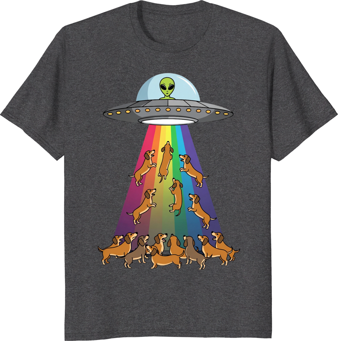 Funny dachshund dog with UFO and rainbow graphic on a t-shirt - dark heather