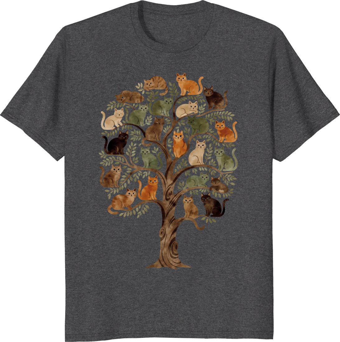 Cosmic cat perched on a world tree illustrated on a T‑shirt - dark heather