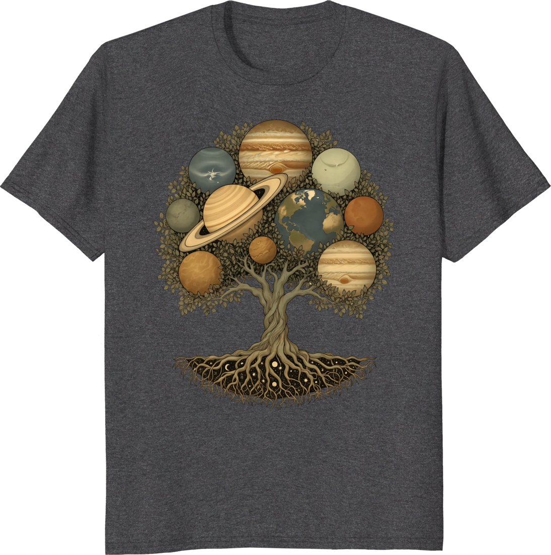 Vintage Celestial World Tree Solar System T-Shirt design featuring a tree with planets - dark heather