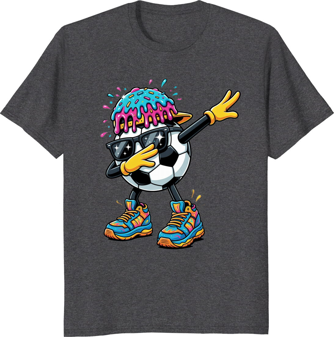Funny soccer ball dabbing character wearing sunglasses on a t-shirt - dark heather