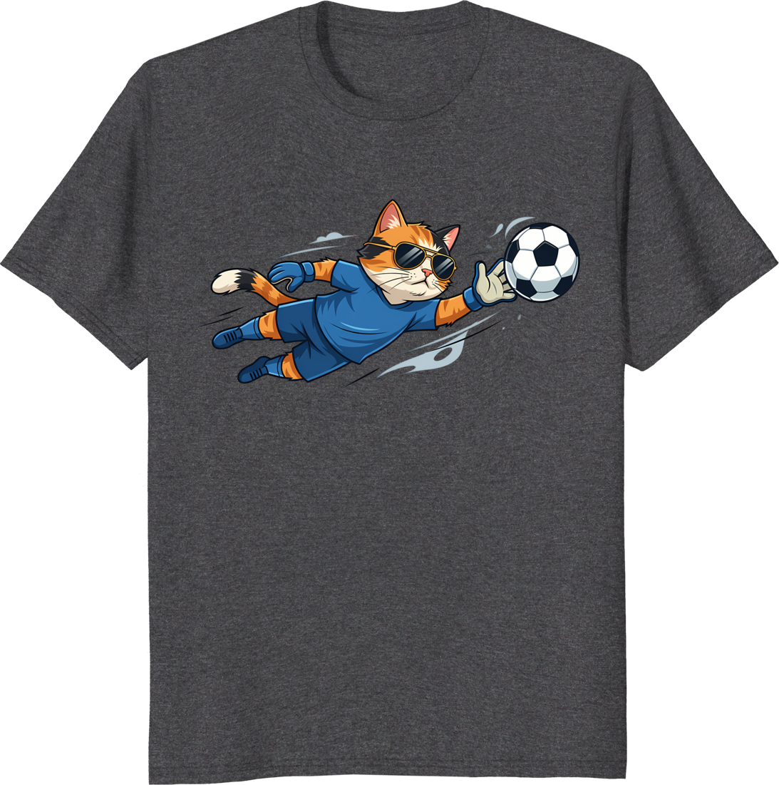 Cartoon cat wearing goalkeeper kit and sunglasses on a t-shirt - dark heather