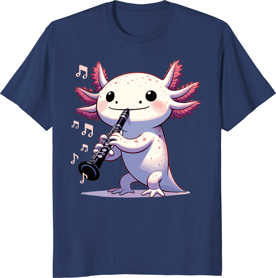Cute pink kawaii axolotl playing clarinet t-shirt design - navy