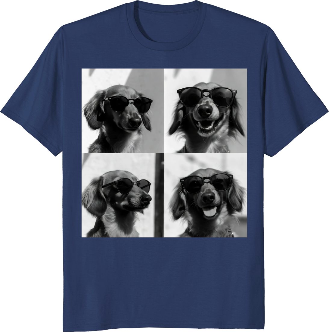 Unisex t-shirt featuring a Dachshund wearing sunglasses taking a selfie in a photobooth. - navy