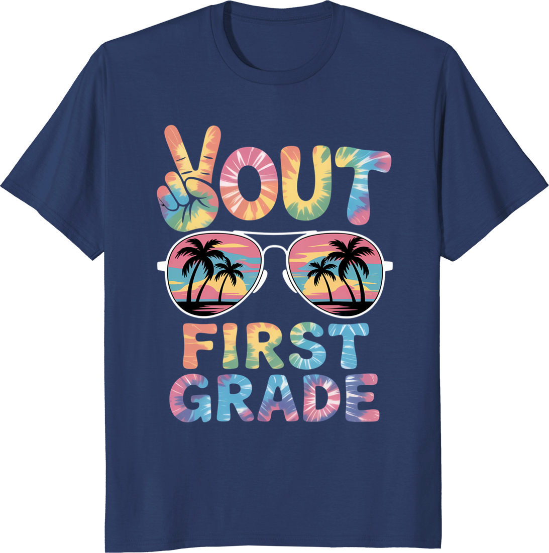Retro tie‑dy t‑shirt design celebrating last day of first grade school - navy