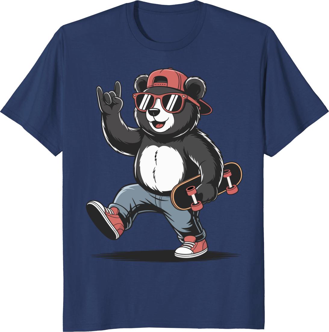 Funny bear skateboarding t-shirt with bear riding a skateboard on a vibrant background - navy