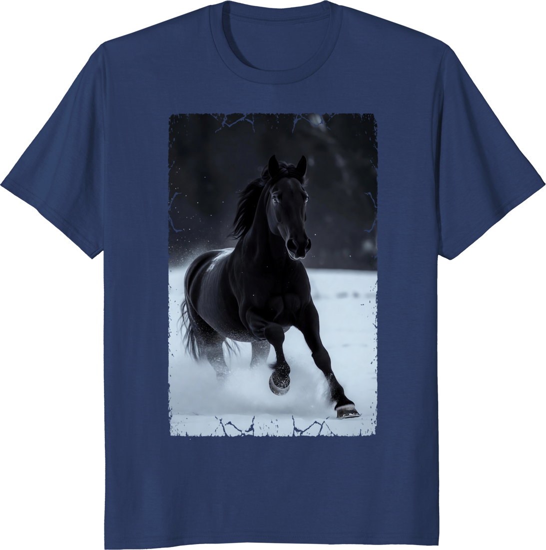 Black horse running through snowy landscape on a t-shirt print - navy
