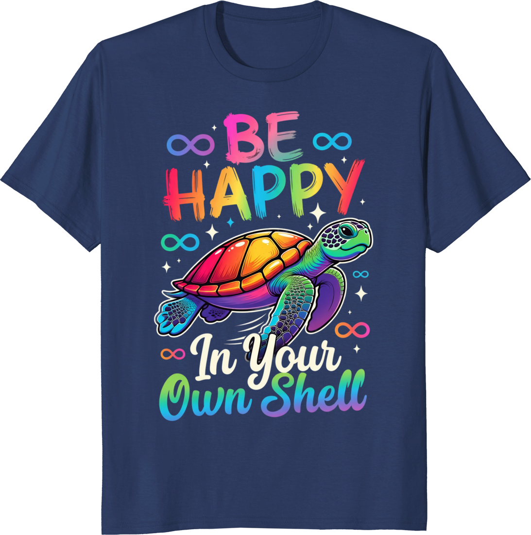 Rainbow autism awareness turtle graphic on a white t-shirt - navy