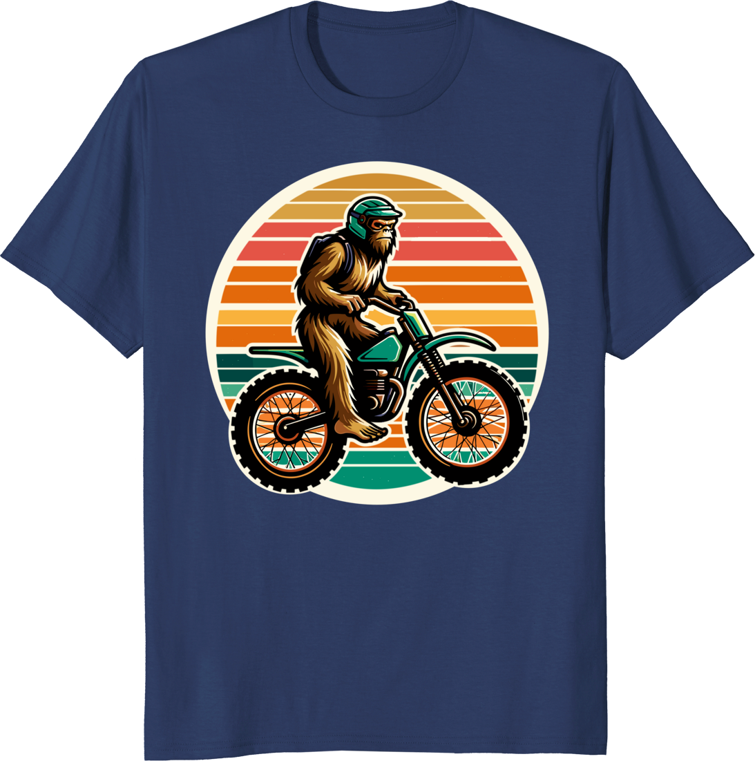 Bigfoot riding a dirtbike on a retro sunset background, printed on a T-shirt. - navy