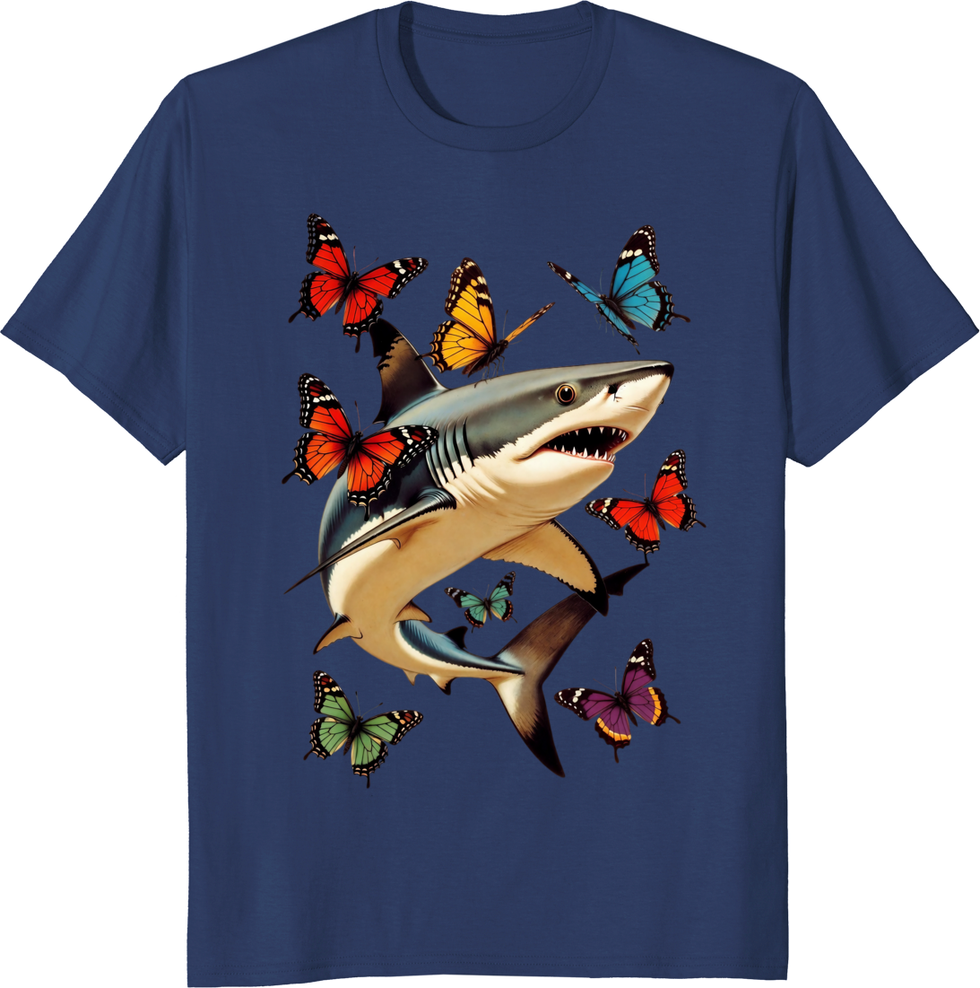 Funny shark with butterflies retro graphic t-shirt - navy