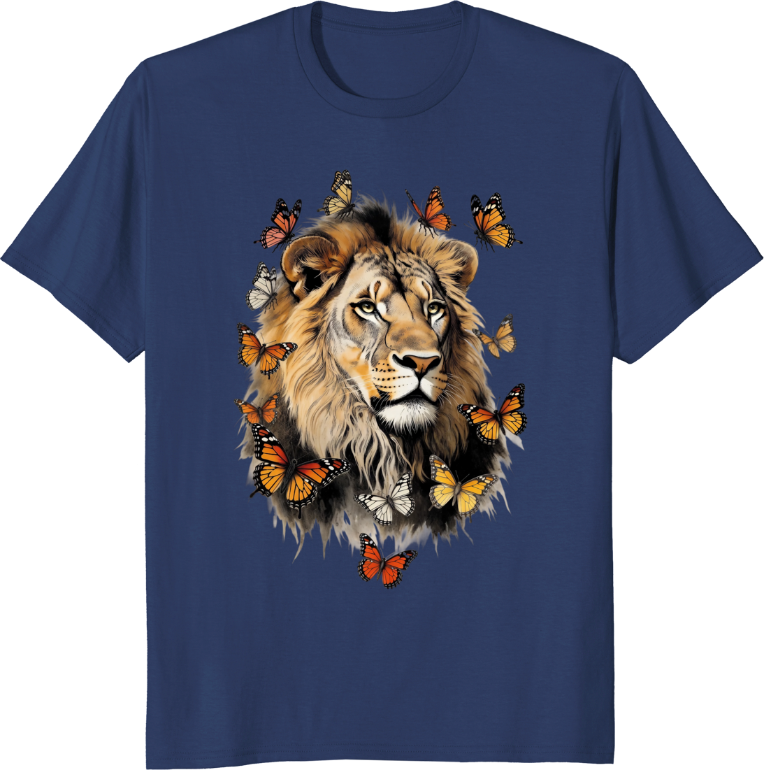Unisex t-shirt featuring a retro graphic of a lion surrounded by butterflies - navy