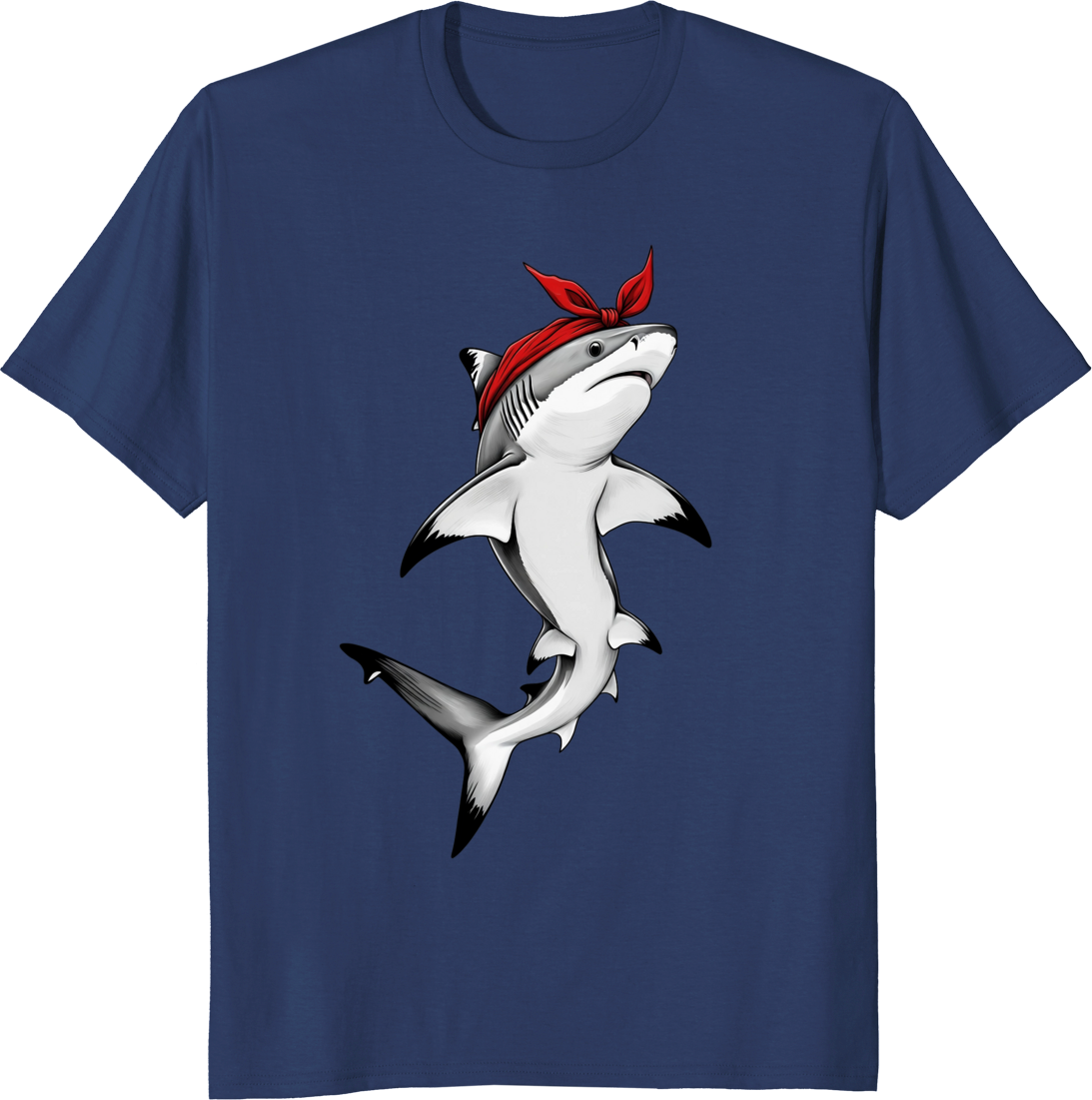 Shark wearing a red bow bandana on a T‑shirt - navy