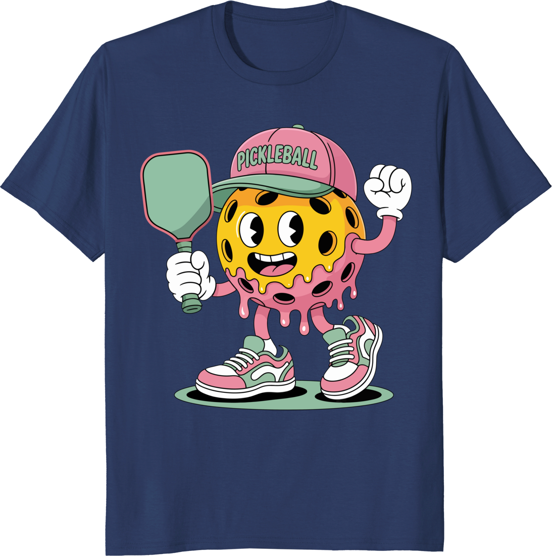 Funny pickleball ball ice cream with paddle retro cartoon T-shirt design - navy