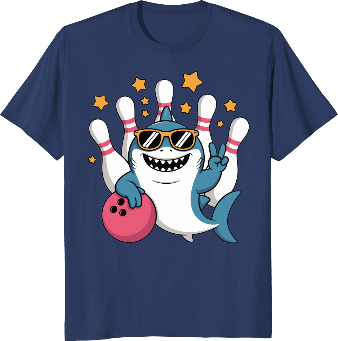Funny shark bowling ball and pins on a t‑shirt - navy
