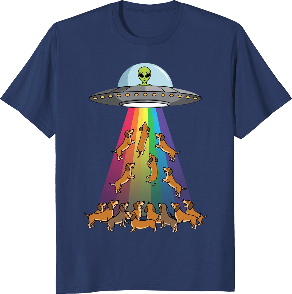 Funny dachshund with UFO rainbow graphic on a t-shirt - navy