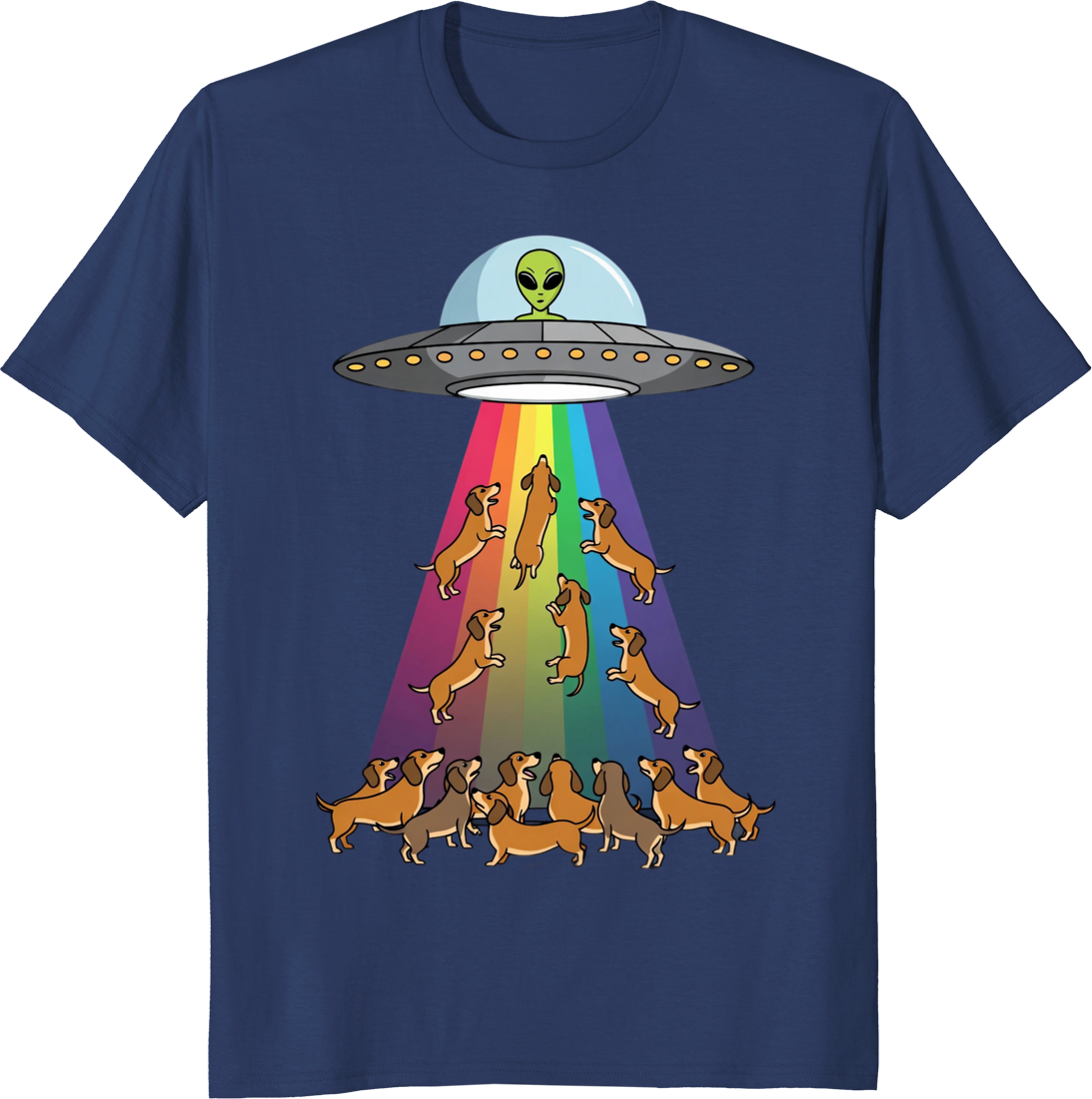 Funny dachshund with UFO rainbow graphic on a t-shirt - navy