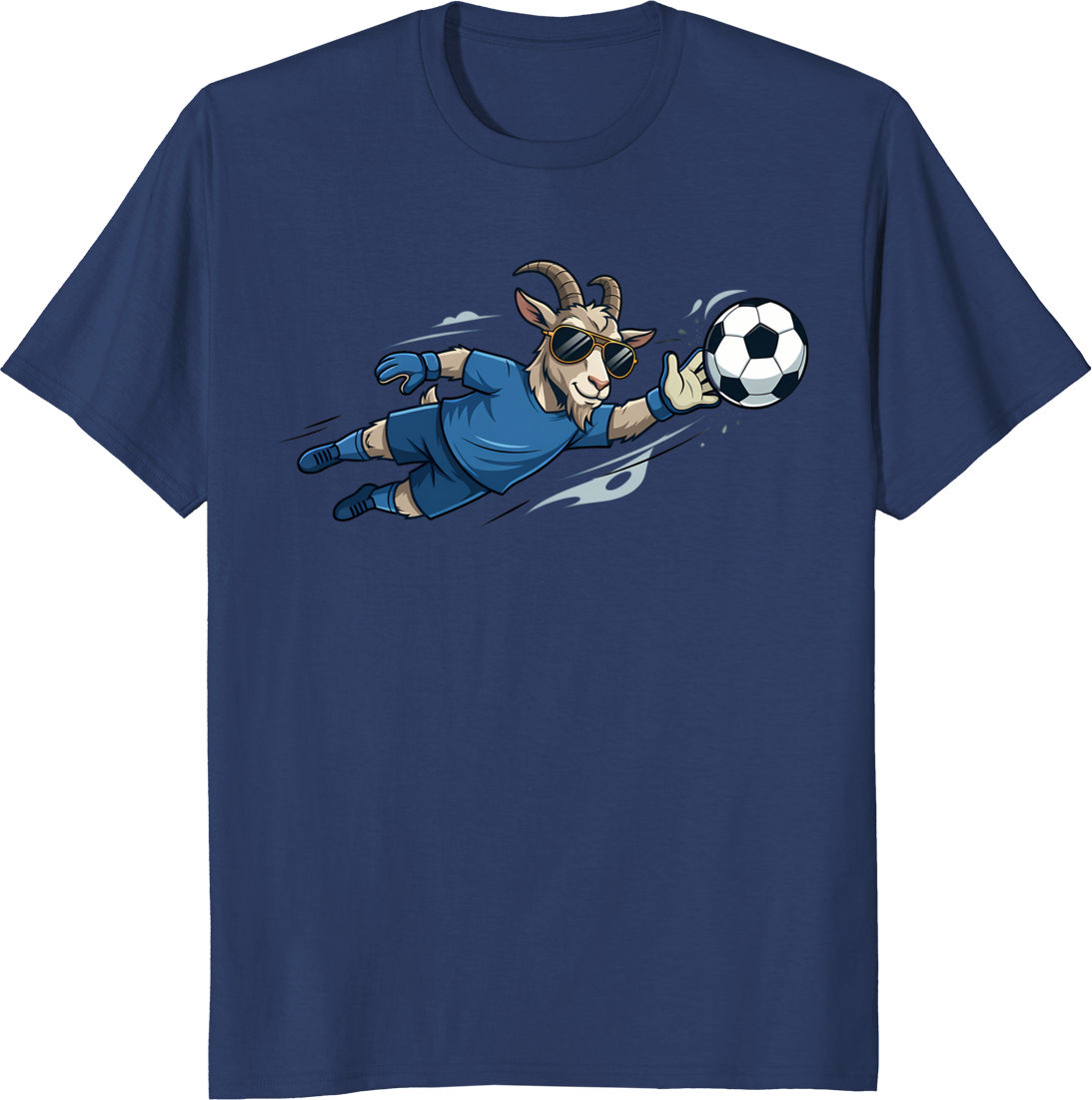Cartoon goat wearing sunglasses playing soccer as a goalkeeper on a t-shirt - navy