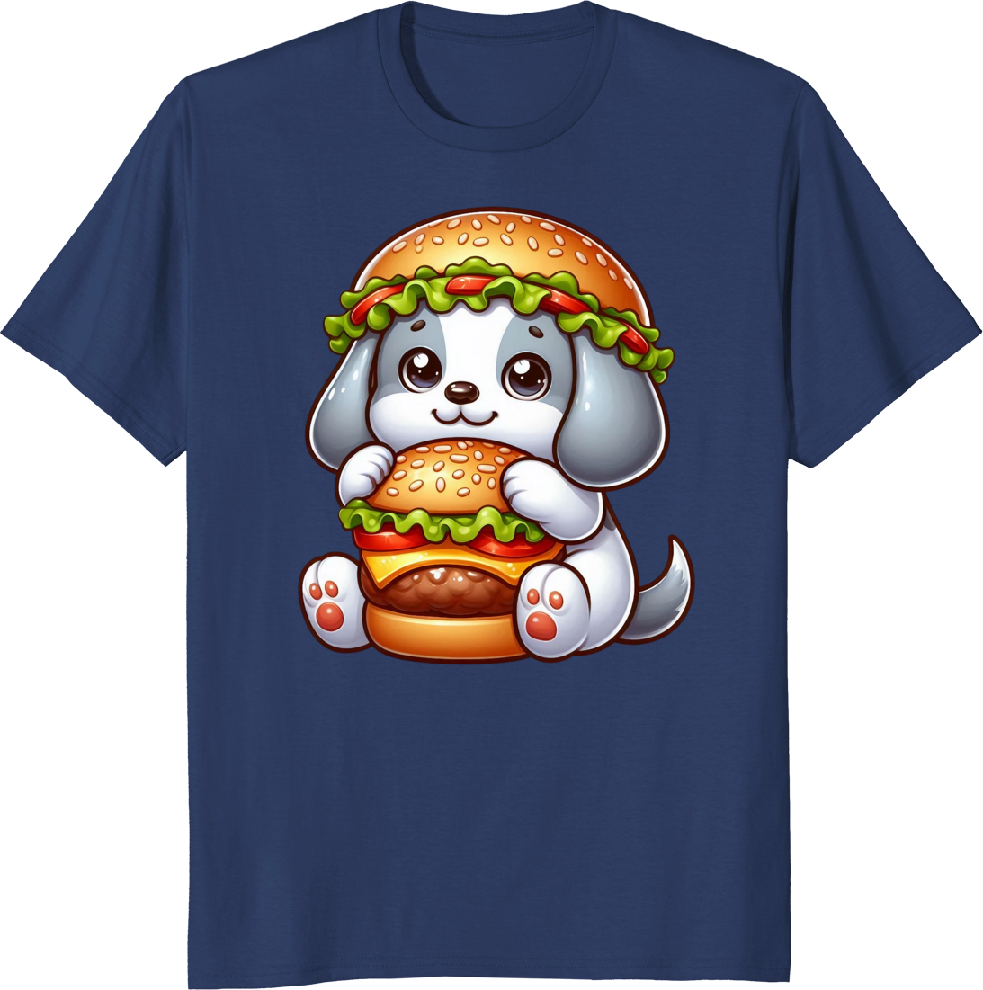 Cute dog eating a cheeseburger on a t-shirt - navy