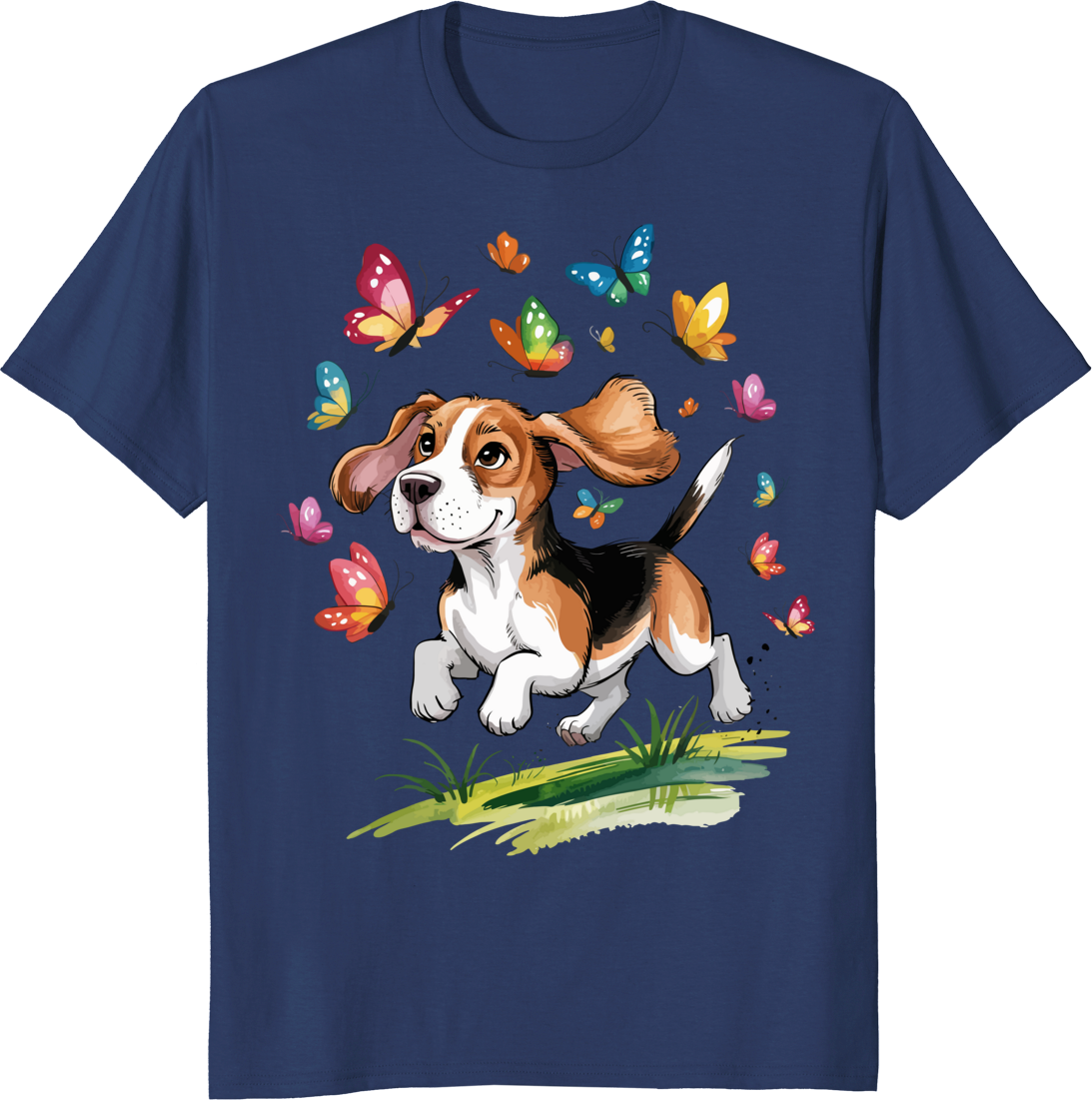 Funny beagle dog surrounded by butterflies on a t-shirt - navy