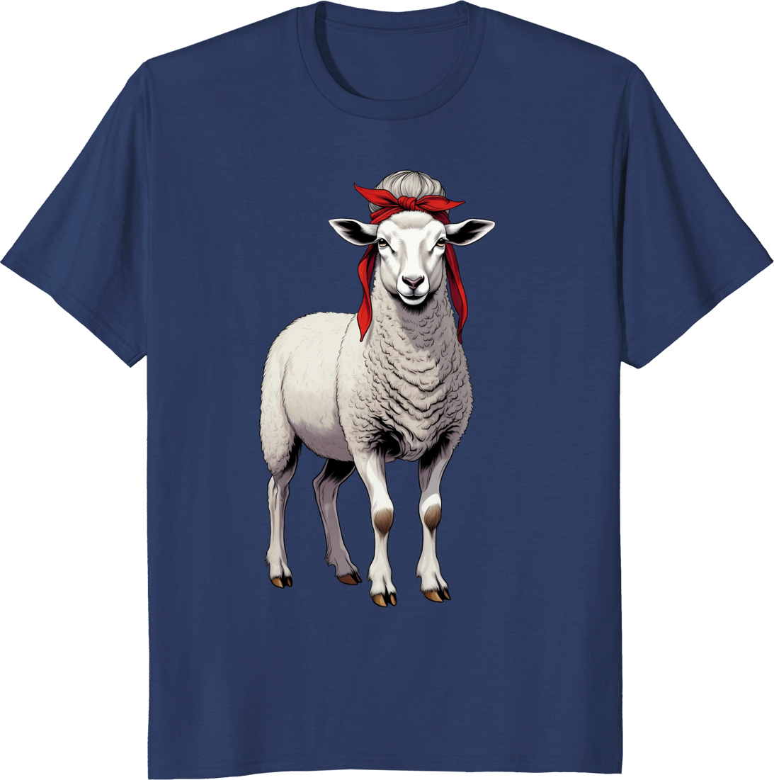 Vintage sheep wearing a red bow bandana on a t-shirt - navy