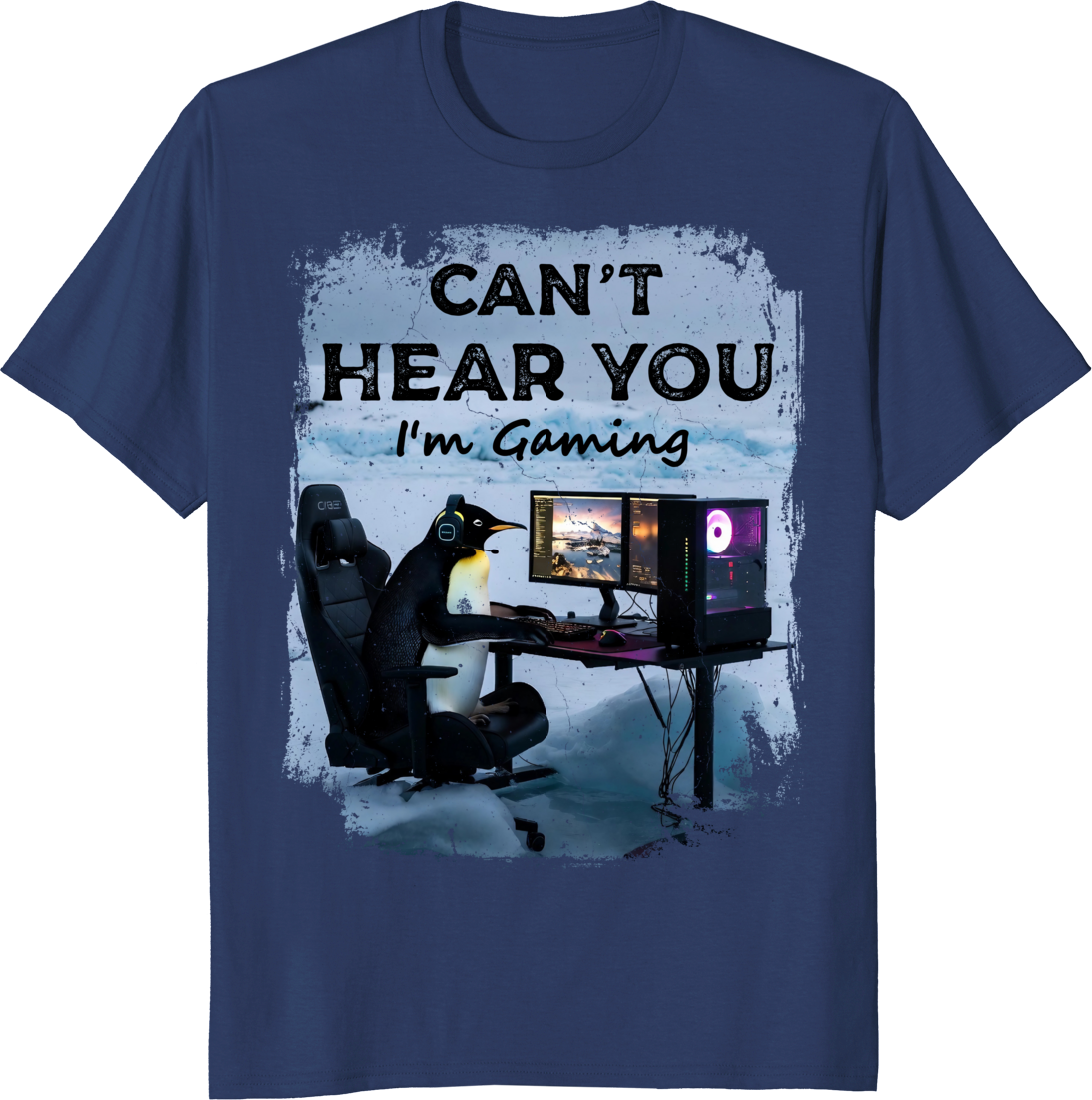 Unisex T‑shirt with a funny lone penguin gaming illustration on front. - navy