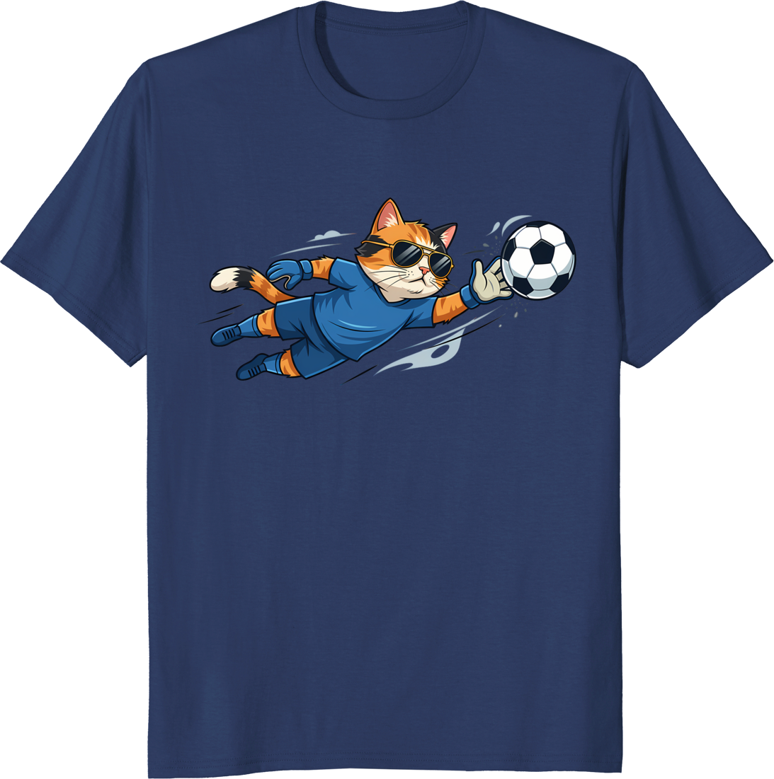 Cartoon cat wearing goalkeeper kit and sunglasses on a t-shirt - navy
