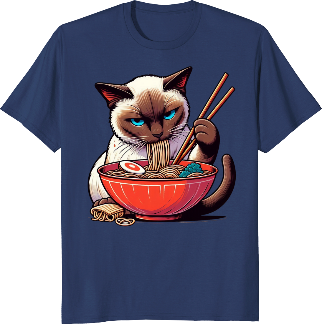 Funny cat eating ramen kawaii siamese cat anime graphic on a t-shirt - navy