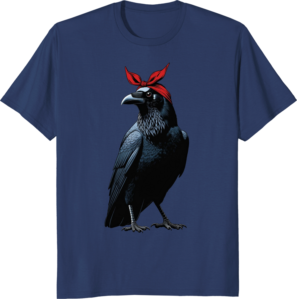 Crow mother wearing a red bow bandana on a t-shirt - navy