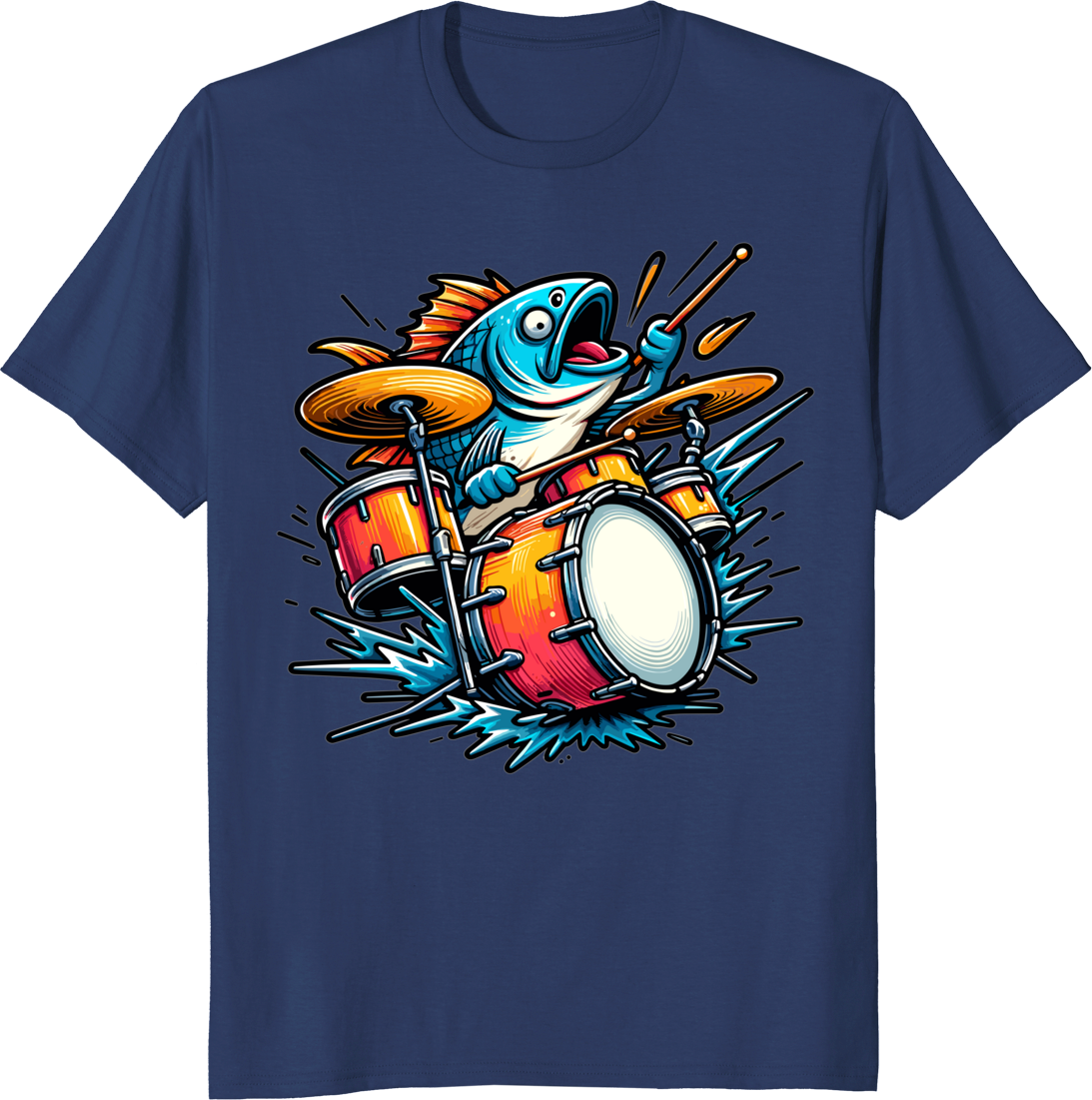 Cartoon fish playing drums on a t-shirt design - navy
