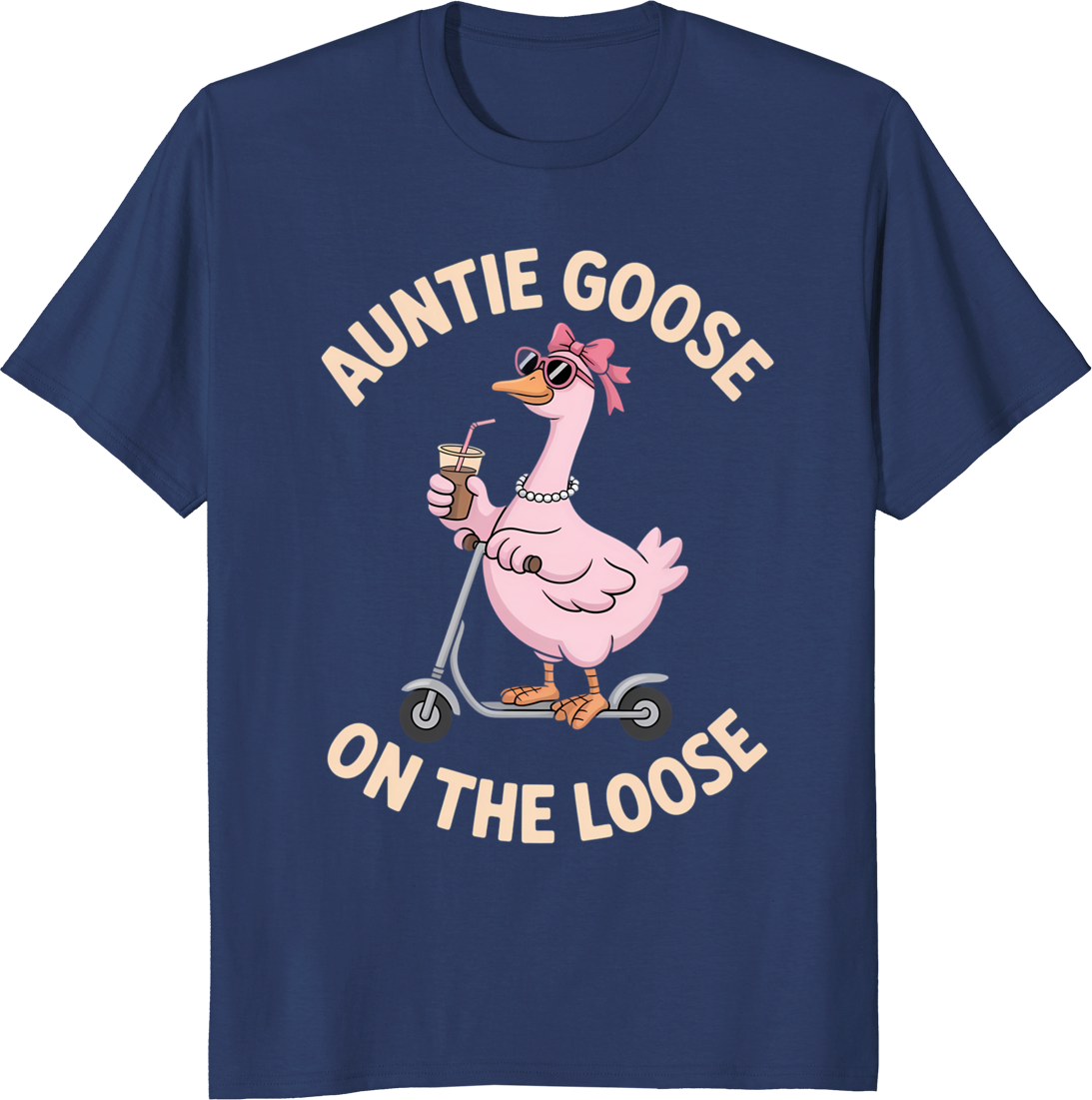 Cool Pink Auntie Goose riding a scooter on a t‑shirt - navy