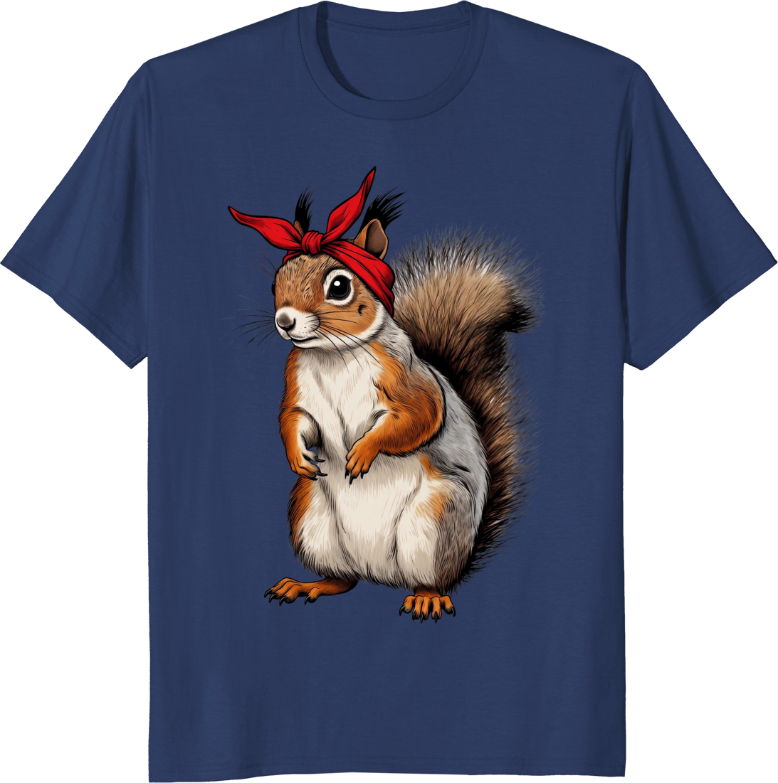 Funny squirrel wearing a red bow bandana on a t-shirt. - navy