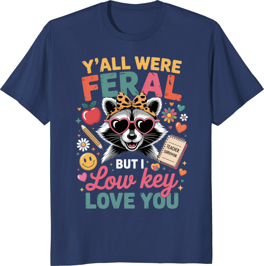 Raccoon Teacher T-Shirt with a raccoon wearing a teacher badge - navy
