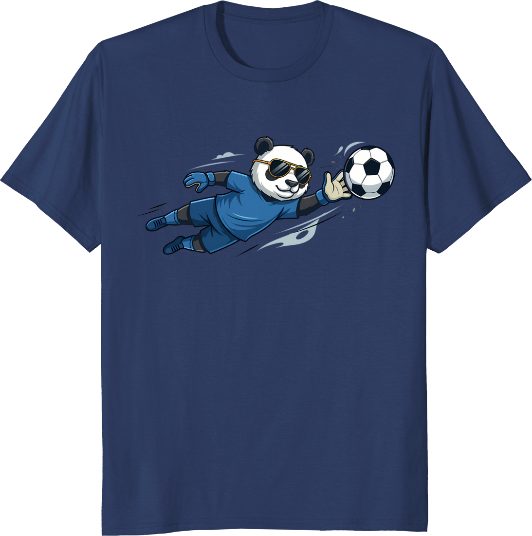 Cartoon panda wearing goalkeeper jersey and sunglasses on a t-shirt - navy