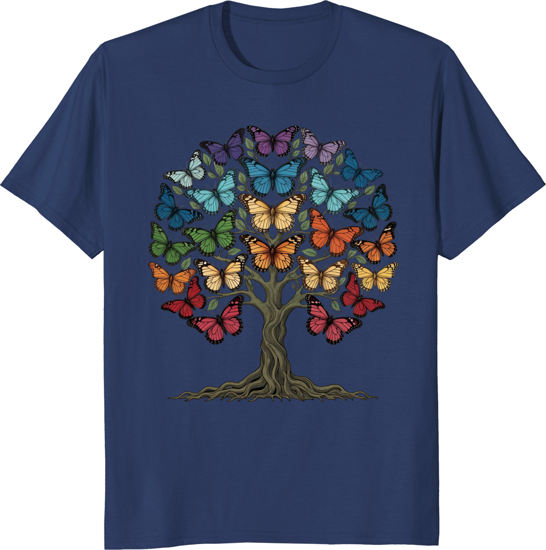 Mystical Monarch Tree with colorful butterfly wings graphic on a t-shirt - navy