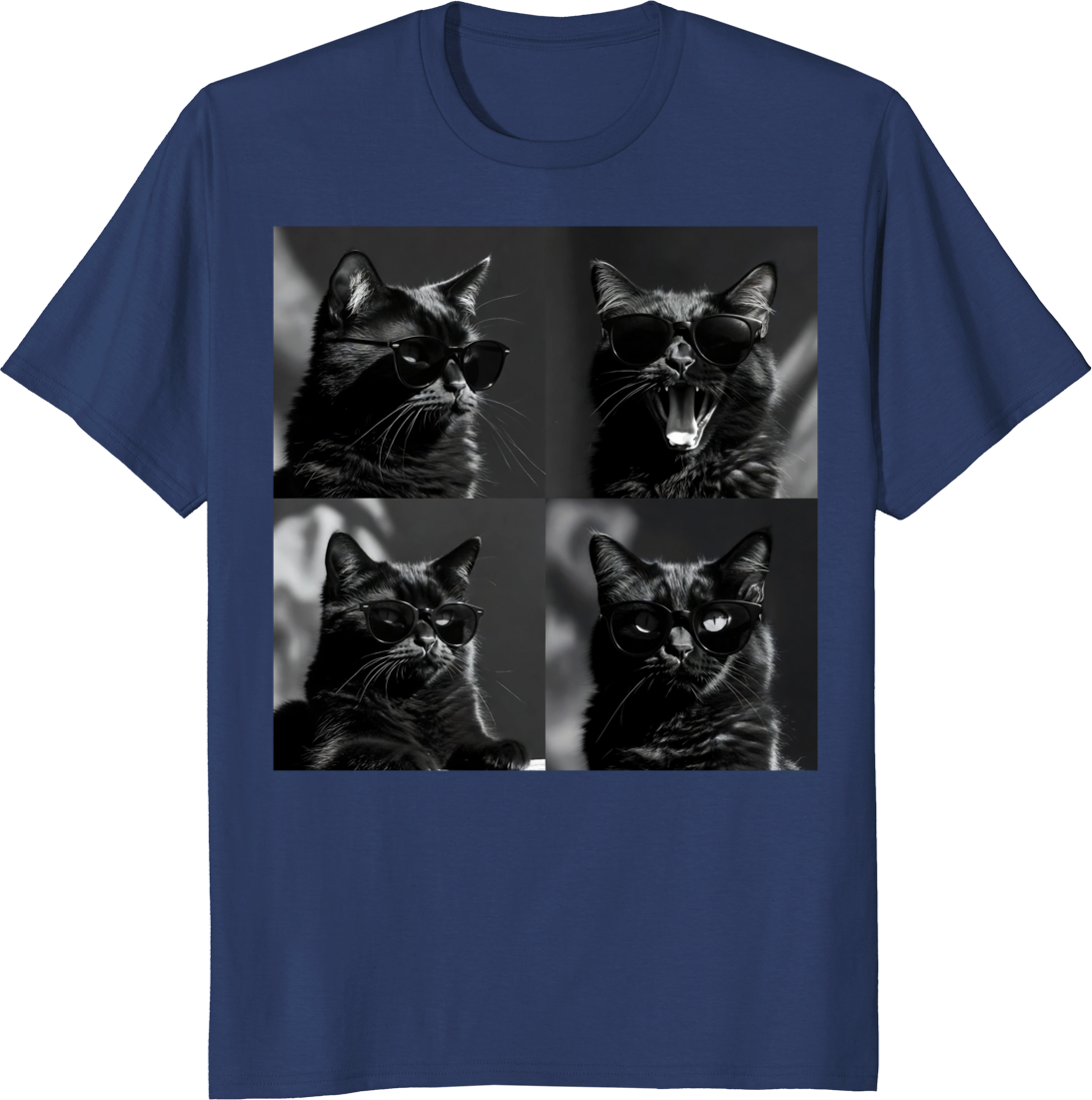 Funny cat photo strip selfie style t‑shirt with 4-panel design - navy