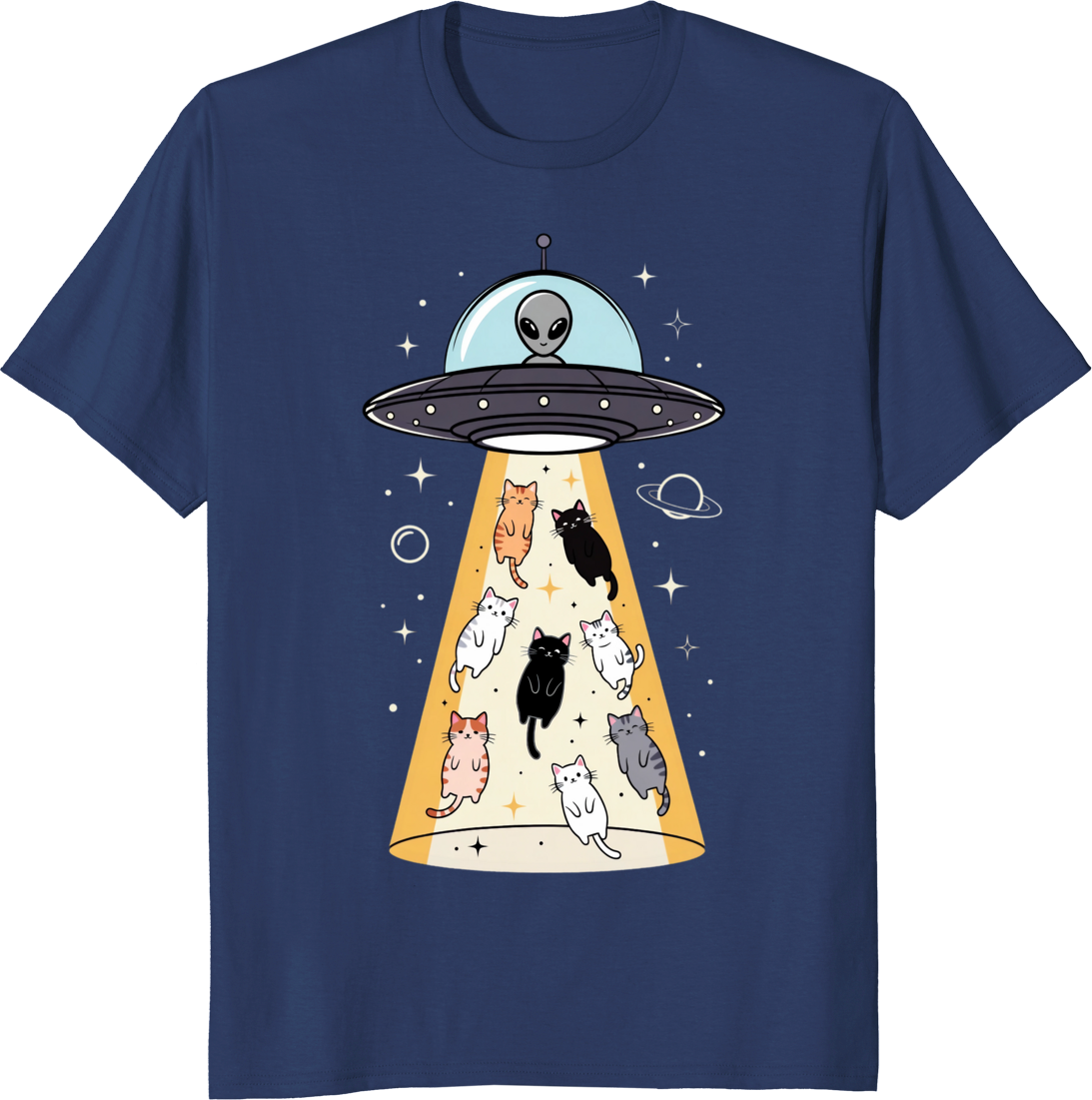 Funny UFO and cats t-shirt with whimsical flying saucer and playful feline illustration. - navy