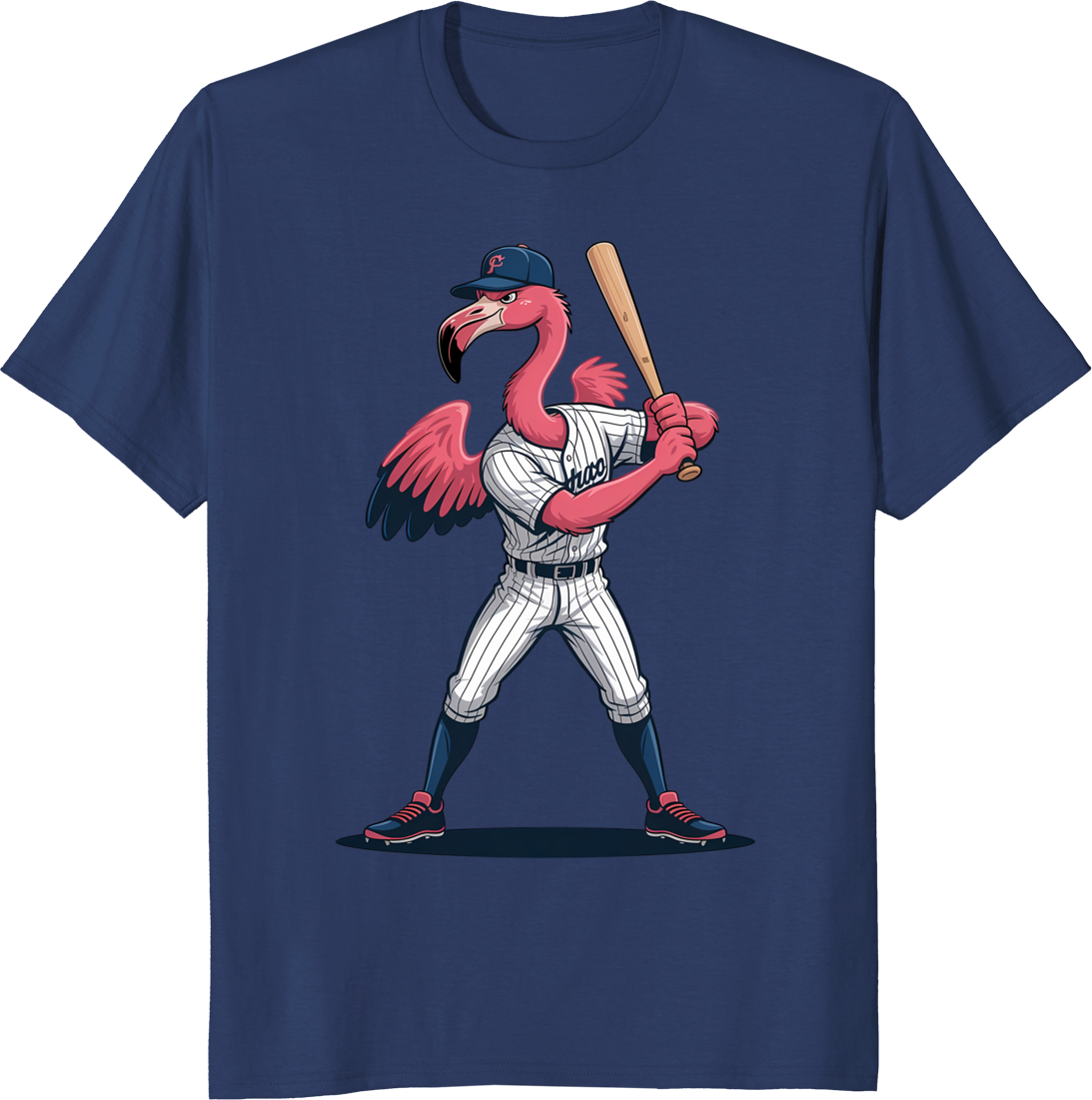 Pink flamingo baseball player t-shirt with cartoon flamingo holding bat - navy