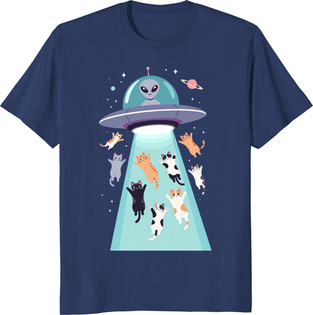 Funny cats flying in a UFO retro space design on a T-shirt - navy