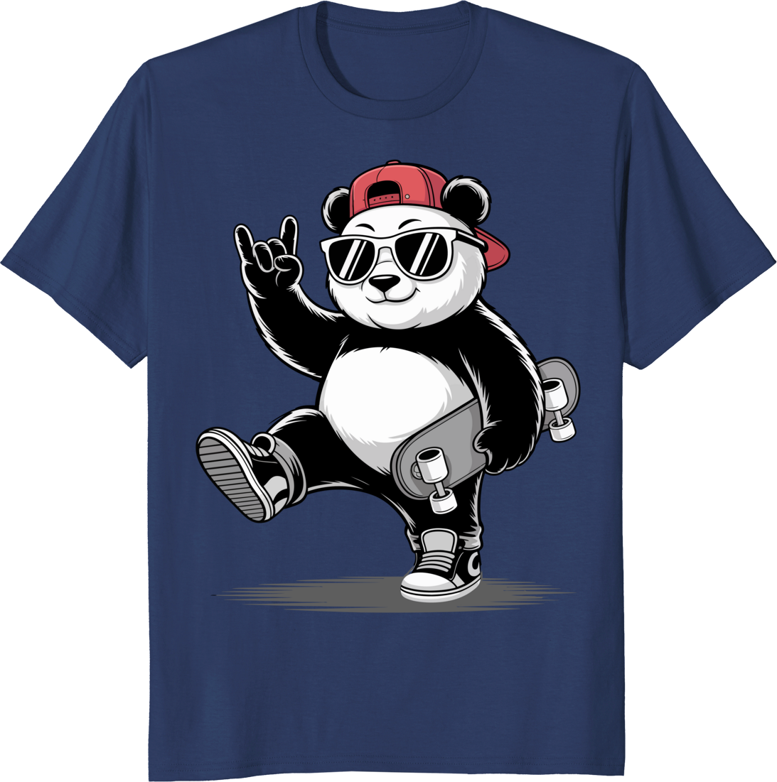 Funny panda skateboarding T-shirt with rock hand pose on a white tee - navy