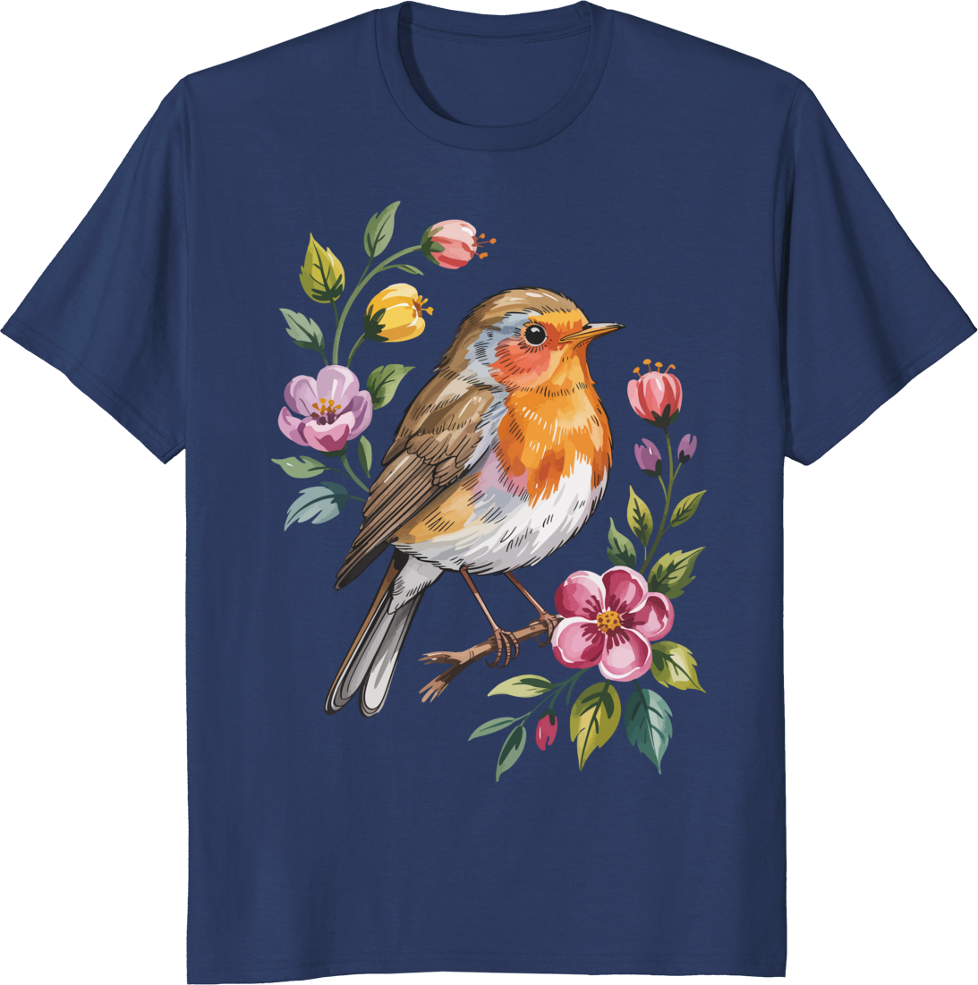 Cute robin bird with flowers graphic on a t-shirt - navy