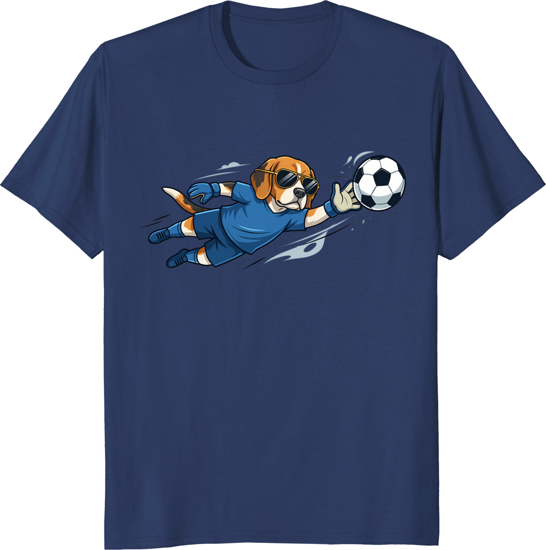 Cartoon dog goalkeeper wearing sunglasses on a t-shirt - navy