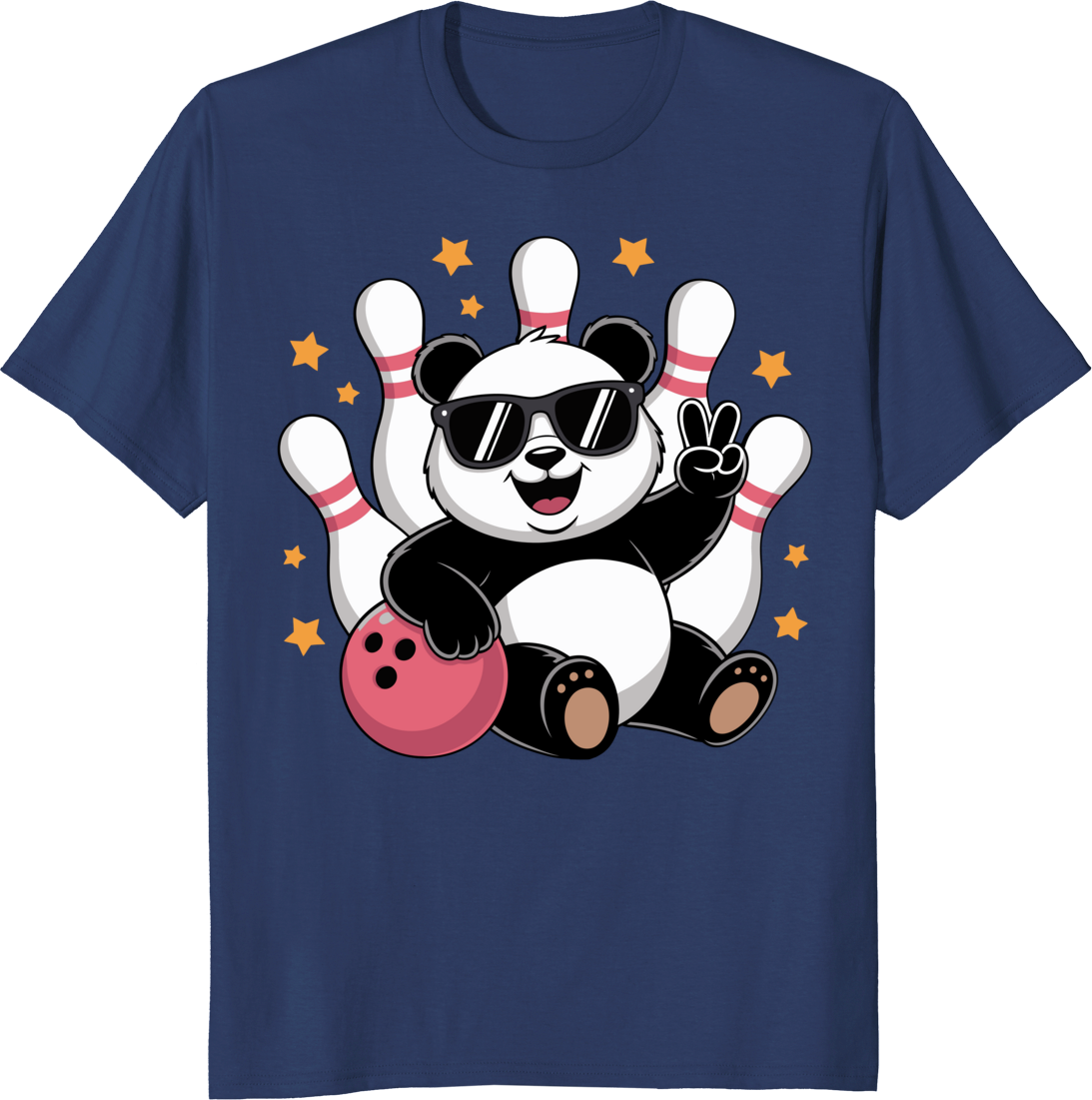Funny panda rolling a bowling ball on a t-shirt graphic - navy