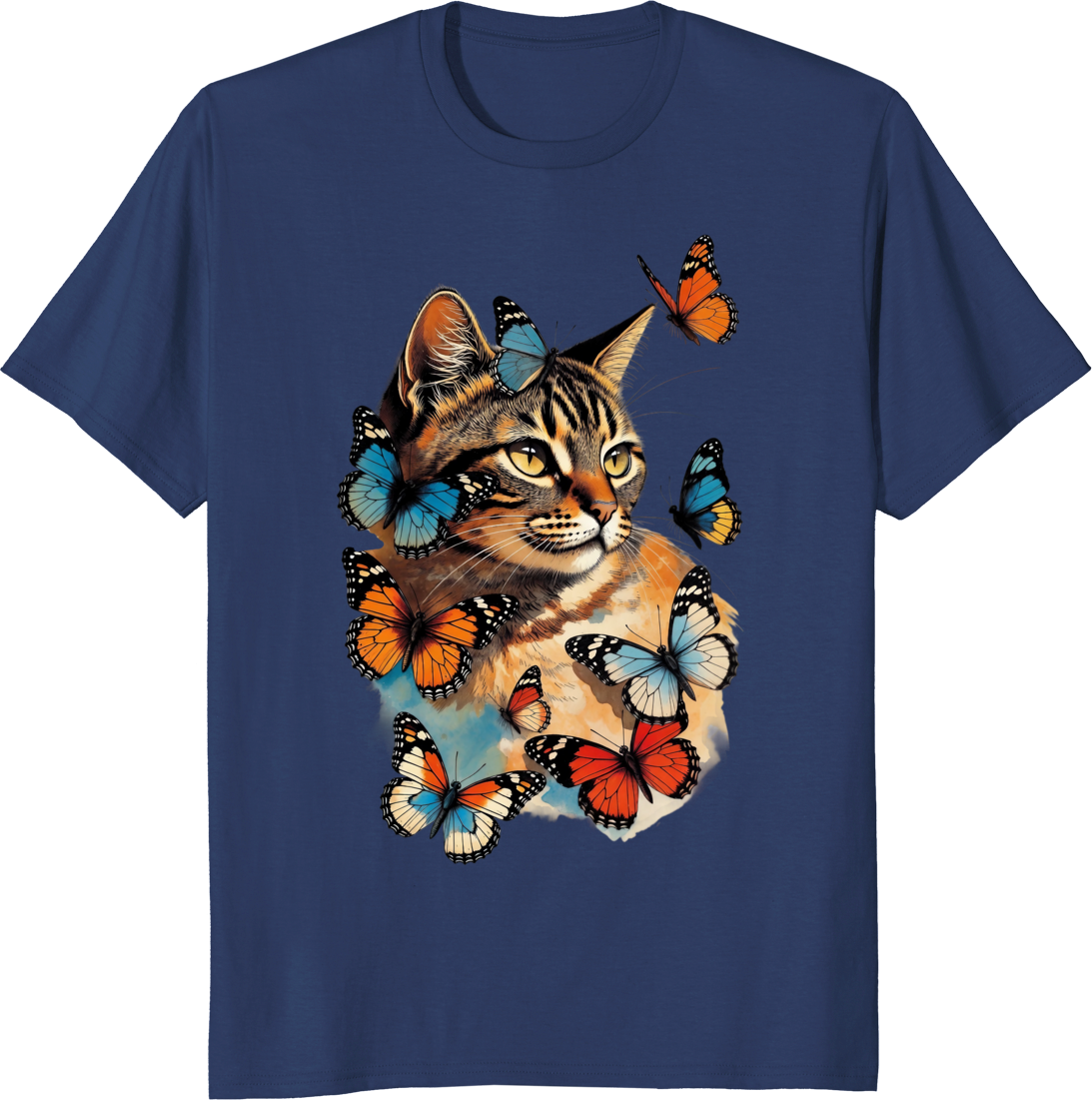 Funny cat with butterflies retro graphic on a t-shirt - navy
