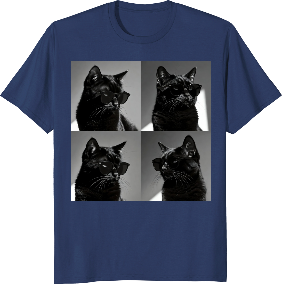 Funny black cat vintage photobooth selfie 4-panel art t-shirt design - navy