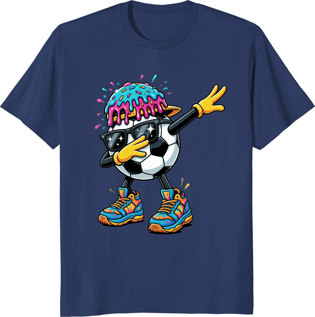 Funny soccer ball dabbing character wearing sunglasses on a t-shirt - navy